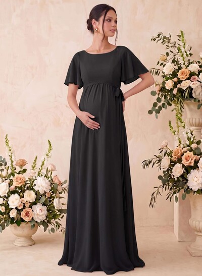 A-Line Scoop Neck Short Sleeves Floor-Length Chiffon Maternity Bridesmaid Dresses