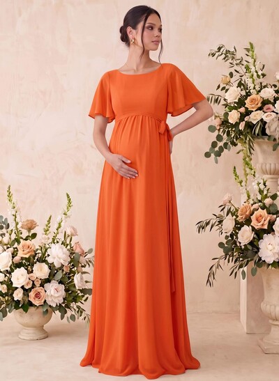 A-Line Scoop Neck Short Sleeves Floor-Length Chiffon Maternity Bridesmaid Dresses