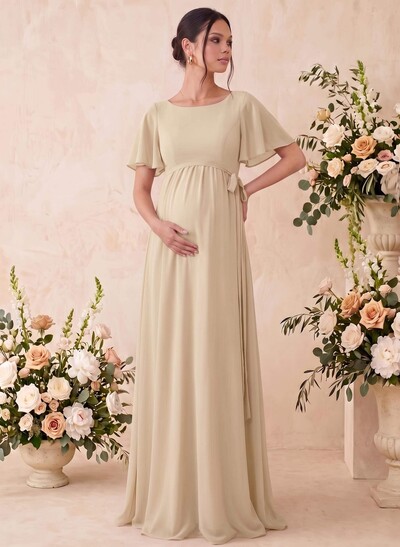A-Line Scoop Neck Short Sleeve Maxi Chiffon Maternity Bridesmaid Dresses