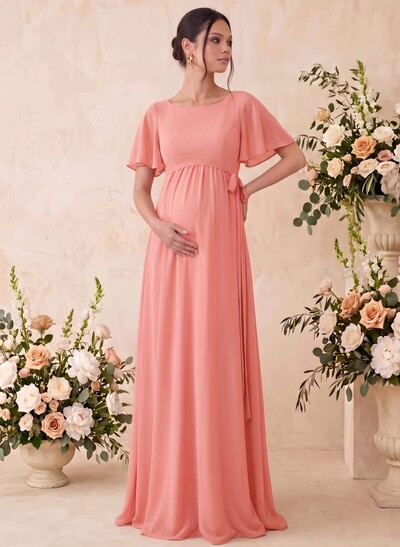 A-Line Scoop Neck Short Sleeves Floor-Length Chiffon Maternity Bridesmaid Dresses