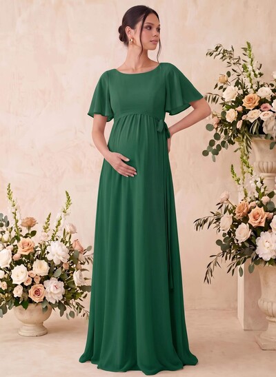 A-Line Scoop Neck Short Sleeves Floor-Length Chiffon Maternity Bridesmaid Dresses
