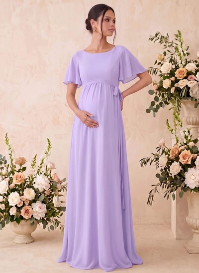 A-Line Scoop Neck Short Sleeve Floor-Length Chiffon Maternity Bridesmaid Dresses