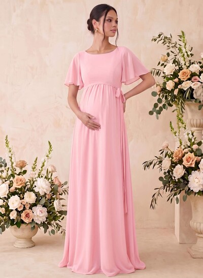 A-Line Scoop Neck Short Sleeves Floor-Length Chiffon Maternity Bridesmaid Dresses