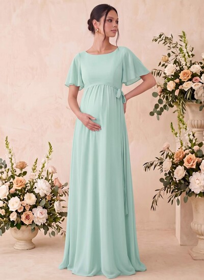 A-Line Scoop Neck Short Sleeves Floor-Length Chiffon Maternity Bridesmaid Dresses