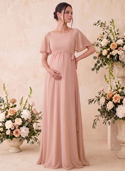 A-Line Scoop Neck Short Sleeves Floor-Length Chiffon Maternity Bridesmaid Dresses