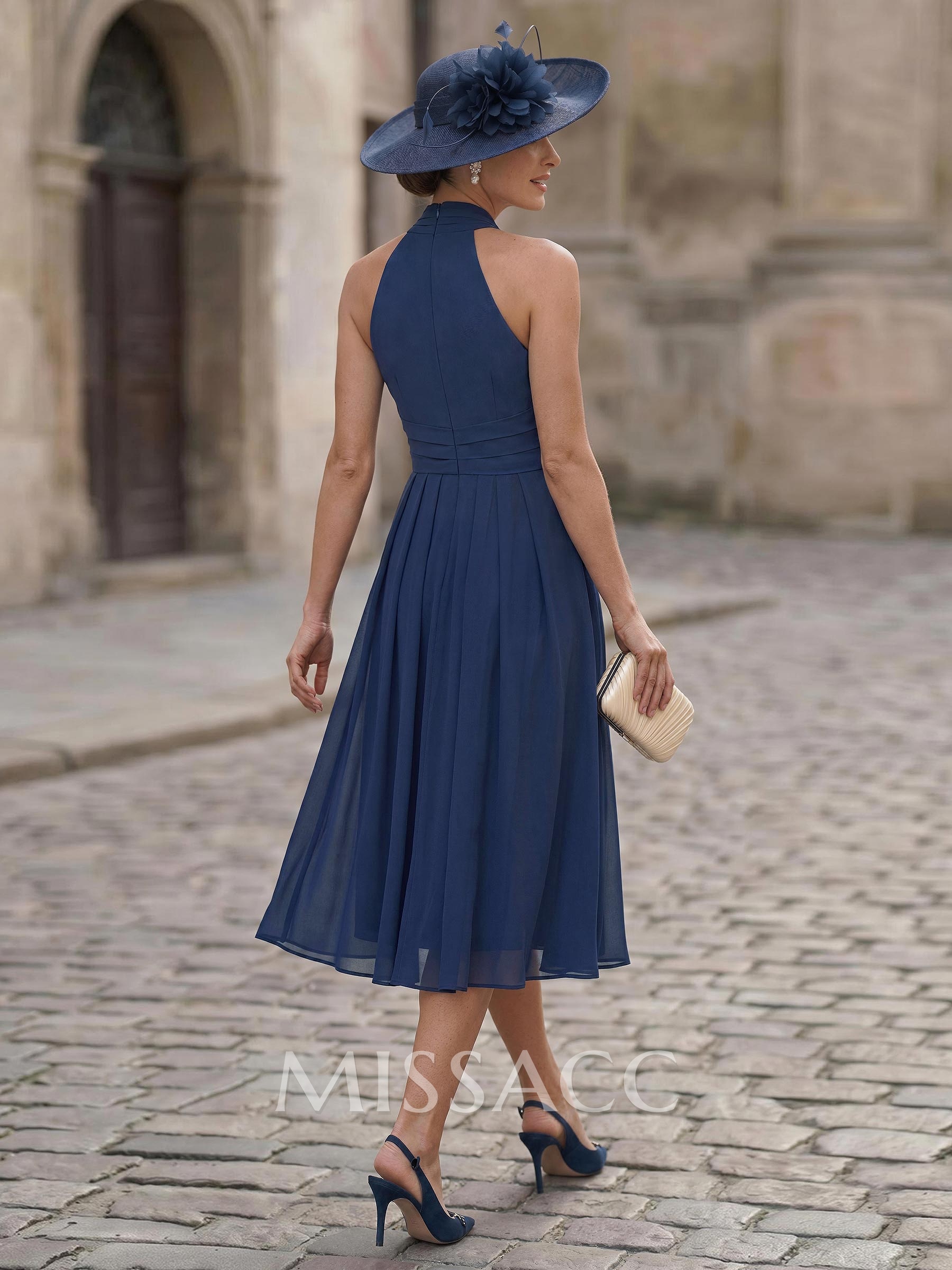 A-Line Plunge Neck Sleeveless Tea-Length Chiffon Cocktail Dresses