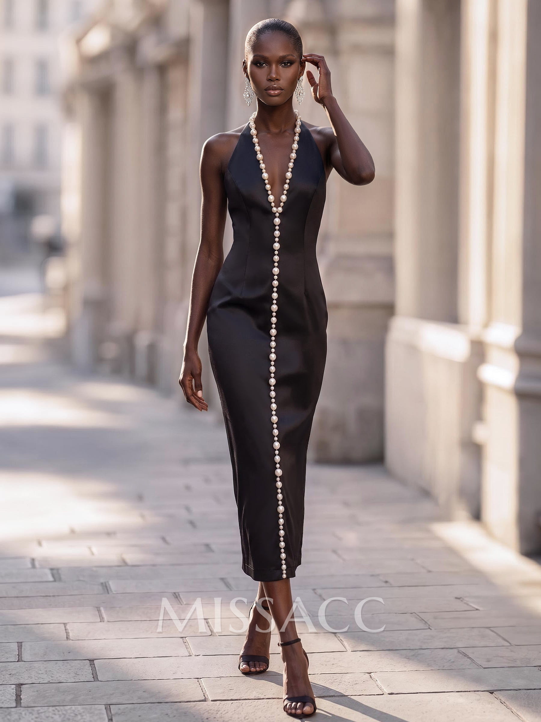 Sheath/Column Halter Sleeveless Tea-Length Matte Satin Cocktail Dresses With Beading