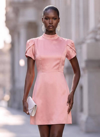 Sheath/Column High Neck Short Sleeves Short/Mini Matte Satin Cocktail Dresses