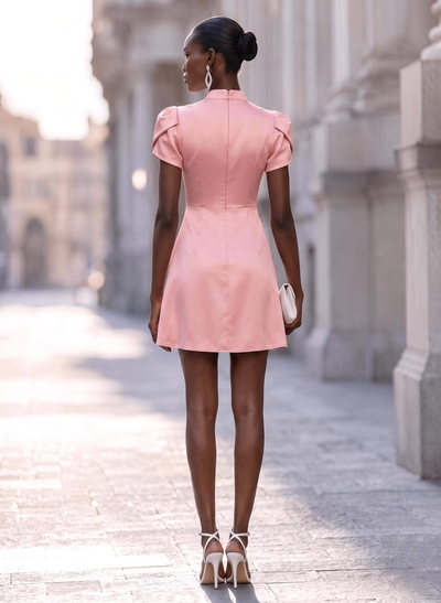 Sheath/Column High Neck Short Sleeves Short/Mini Matte Satin Cocktail Dresses
