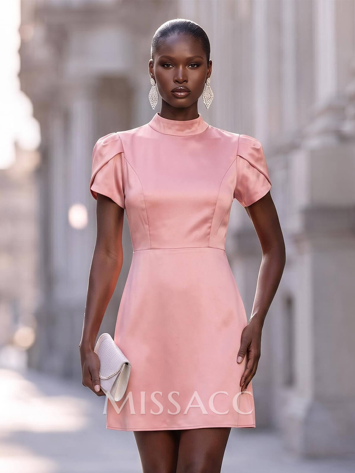 Sheath/Column High Neck Short Sleeves Short/Mini Matte Satin Cocktail Dresses