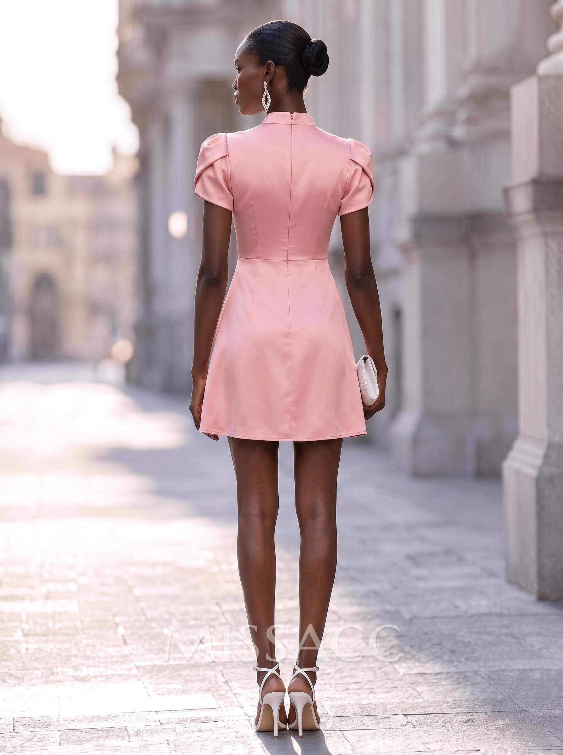 Sheath/Column High Neck Short Sleeves Short/Mini Matte Satin Cocktail Dresses