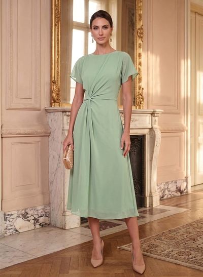 A-Line Scoop Neck Short Sleeves Tea-Length Chiffon Cocktail Dresses