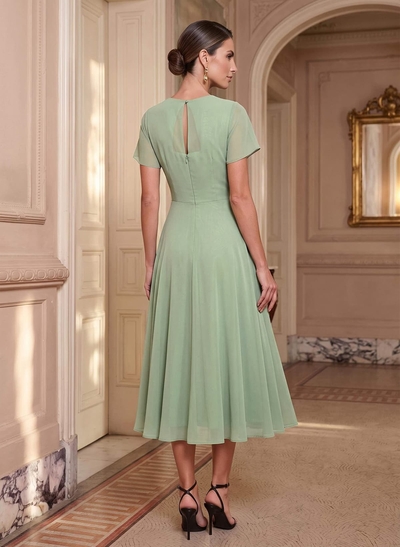 A-Line Scoop Neck Short Sleeves Tea-Length Chiffon Cocktail Dresses