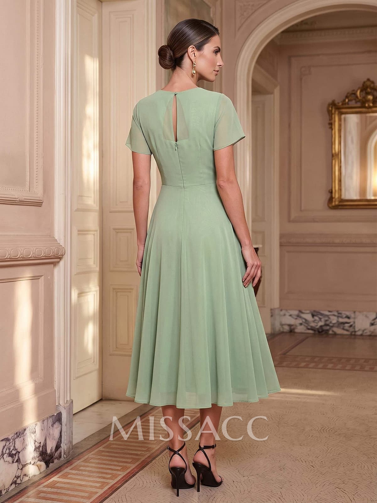 A-Line Scoop Neck Short Sleeves Tea-Length Chiffon Cocktail Dresses