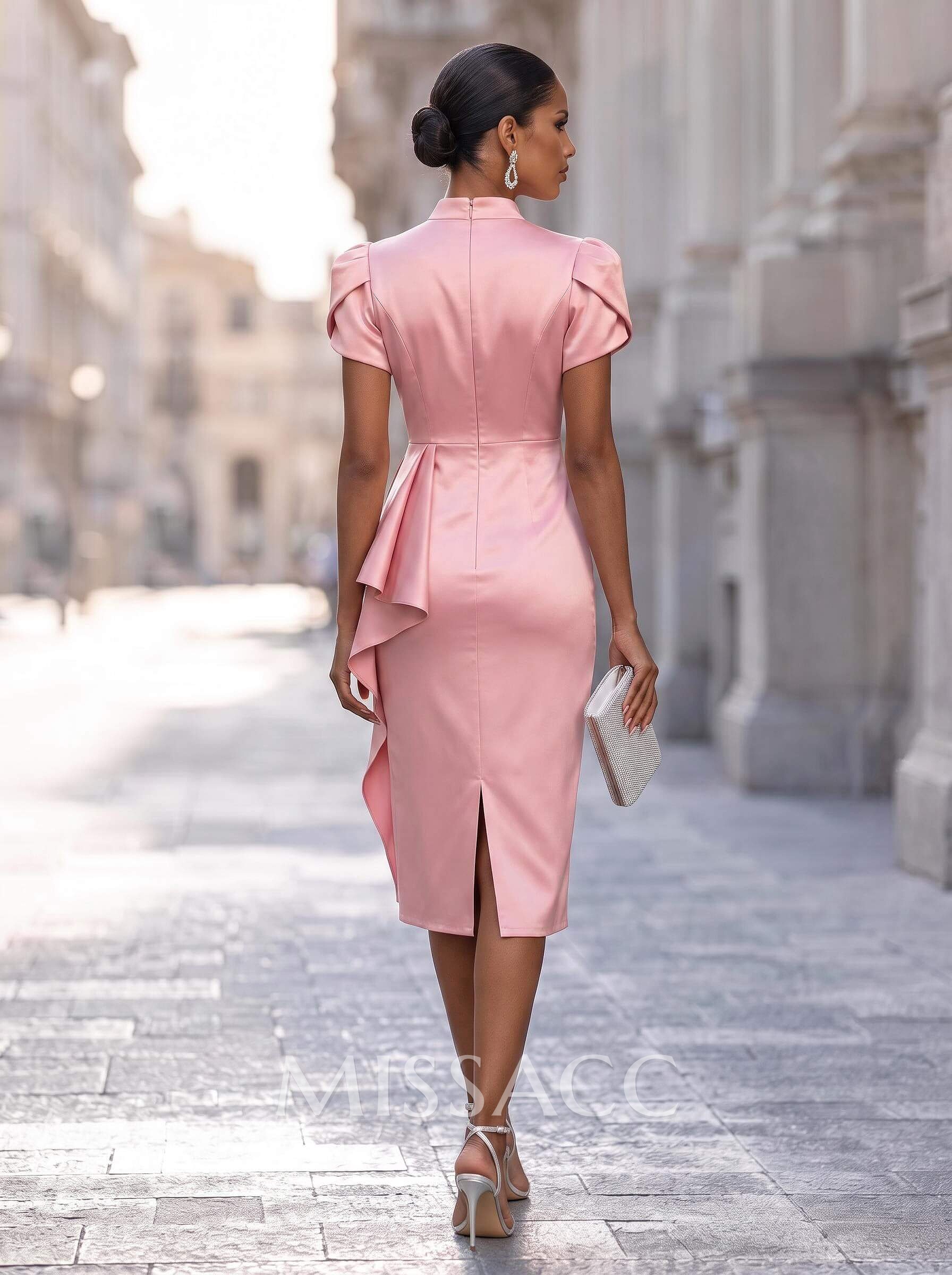 Sheath/Column High Neck Short Sleeves Tea-Length Matte Satin Cocktail Dresses With Ruffle