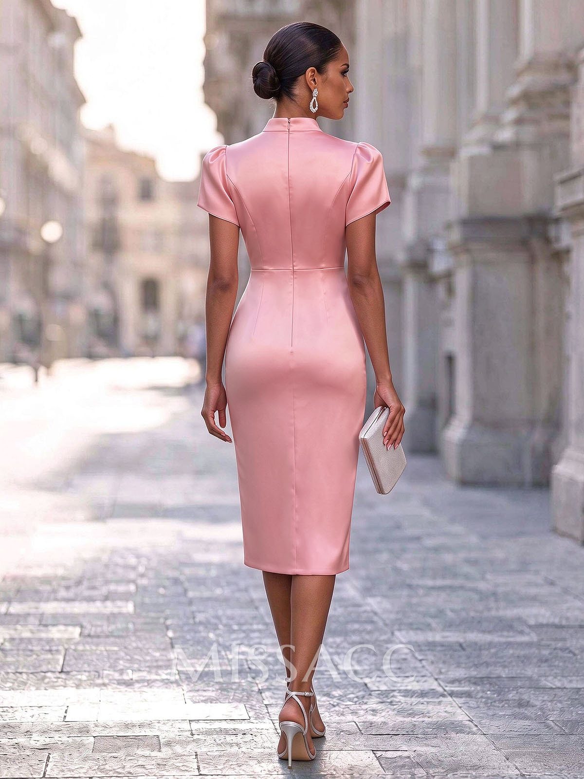 Sheath/Column High Neck Short Sleeves Tea-Length Matte Satin Cocktail Dresses With Ruffle