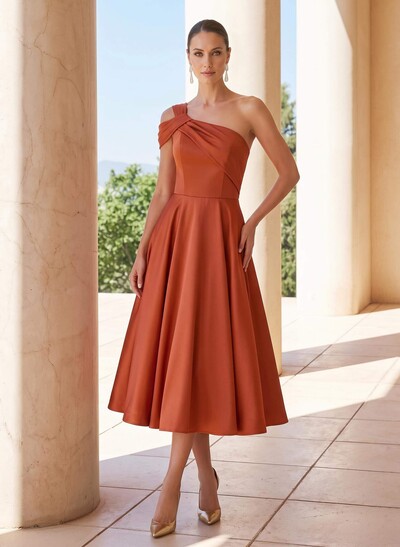 A-Line One-Shoulder Sleeveless Tea-Length Satin Cocktail Dresses