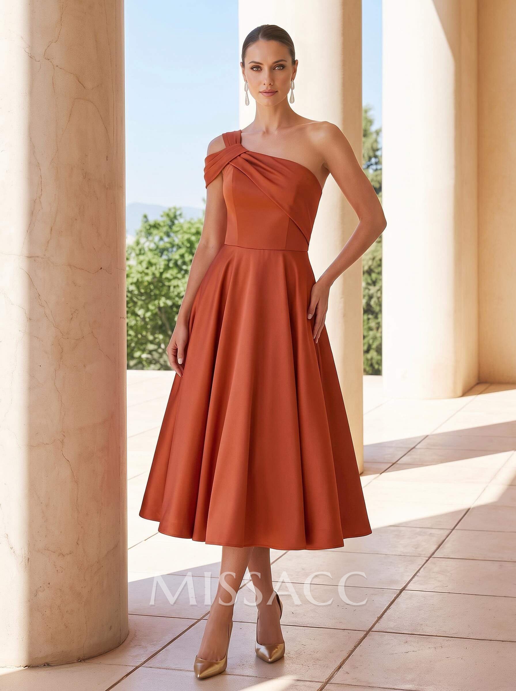 A-Line One-Shoulder Sleeveless Tea-Length Satin Cocktail Dresses