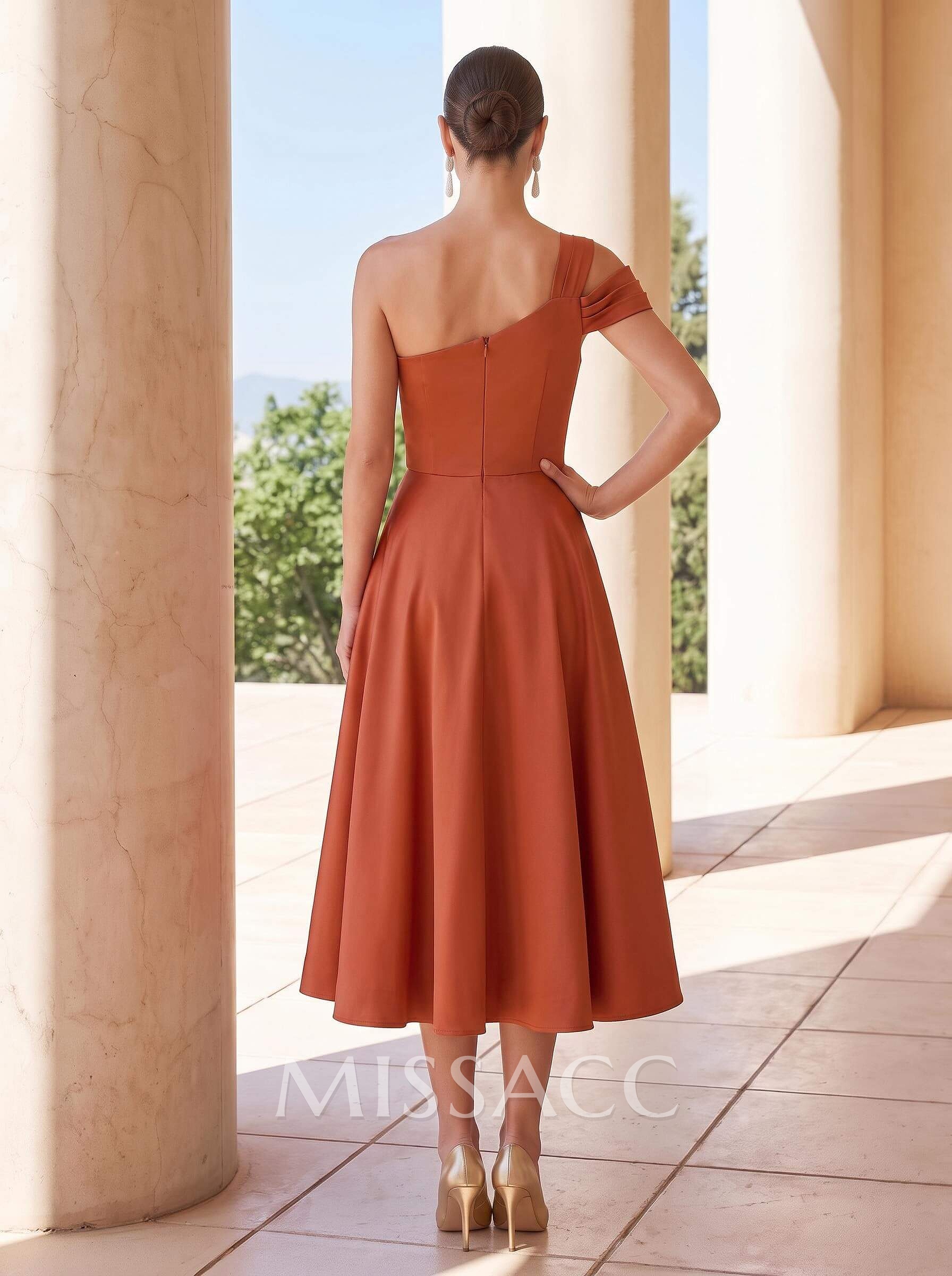 A-Line One-Shoulder Sleeveless Tea-Length Satin Cocktail Dresses