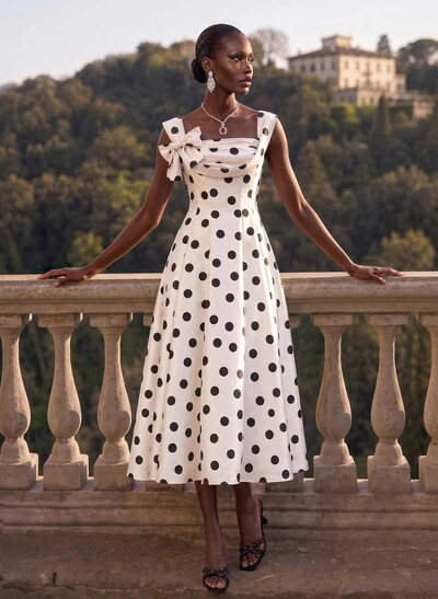 A-Line Square Neckline Sleeveless Tea-Length Satin Cocktail Dresses With Bow