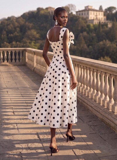 A-Line Square Neckline Sleeveless Tea-Length Satin Cocktail Dresses With Bow