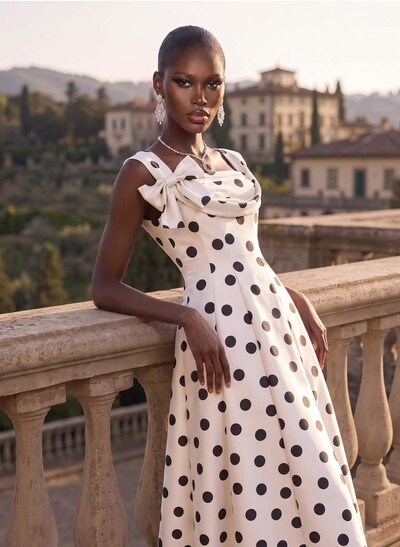 A-Line Square Neckline Sleeveless Tea-Length Satin Cocktail Dresses With Bow