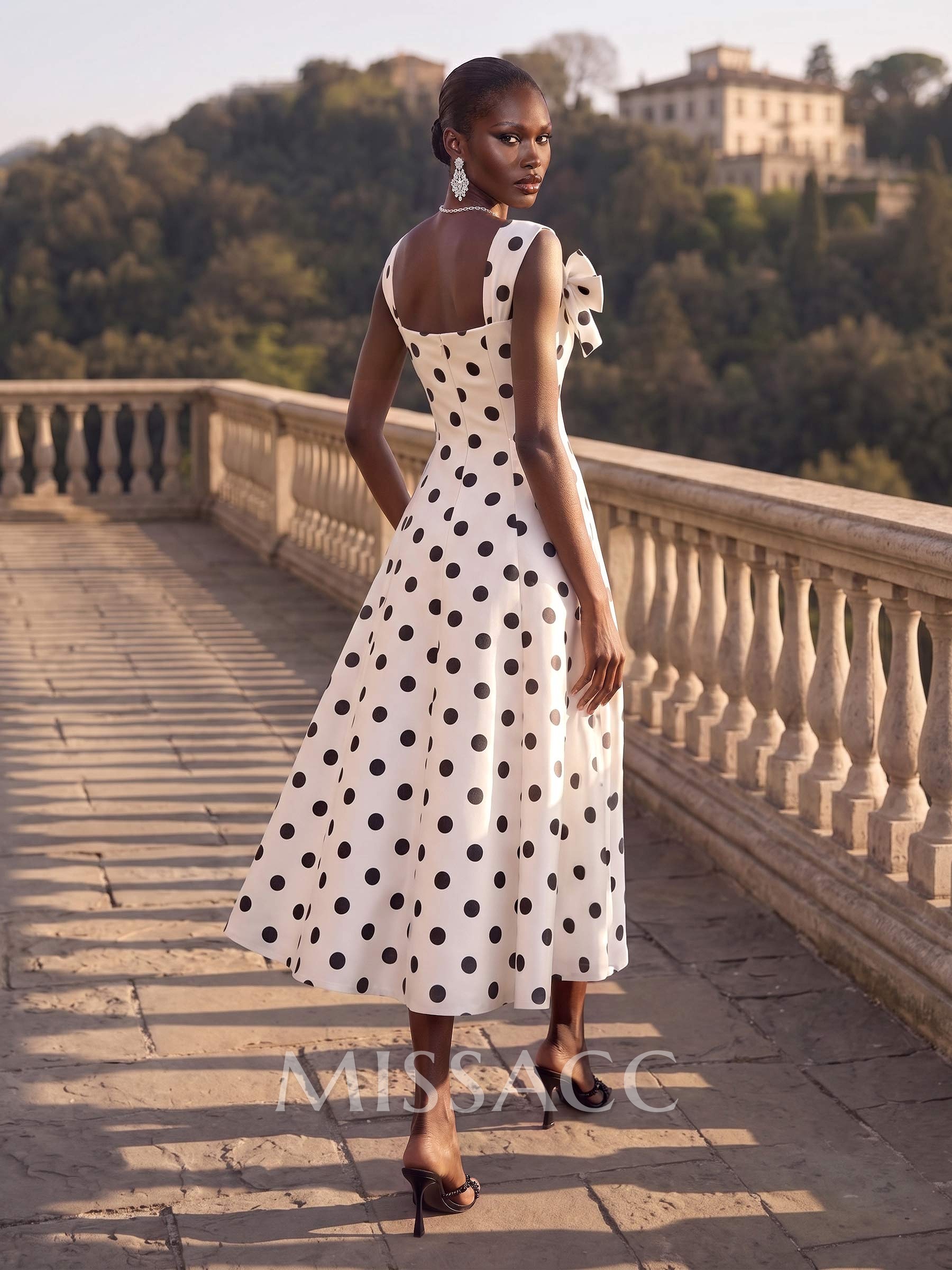 A-Line Square Neckline Sleeveless Tea-Length Satin Cocktail Dresses With Bow