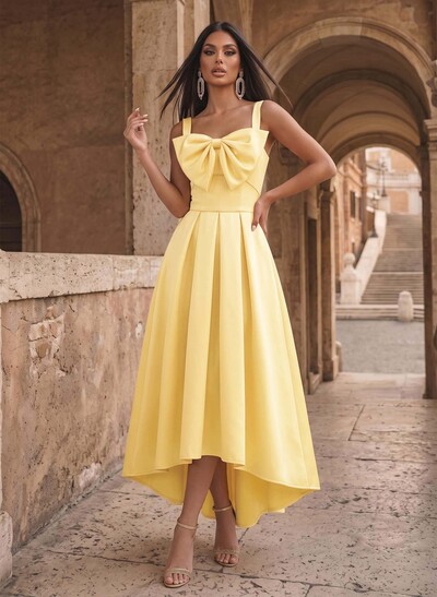 A-Line Square Neck Sleeveless Asymmetric Satin Cocktail Dress With Bow