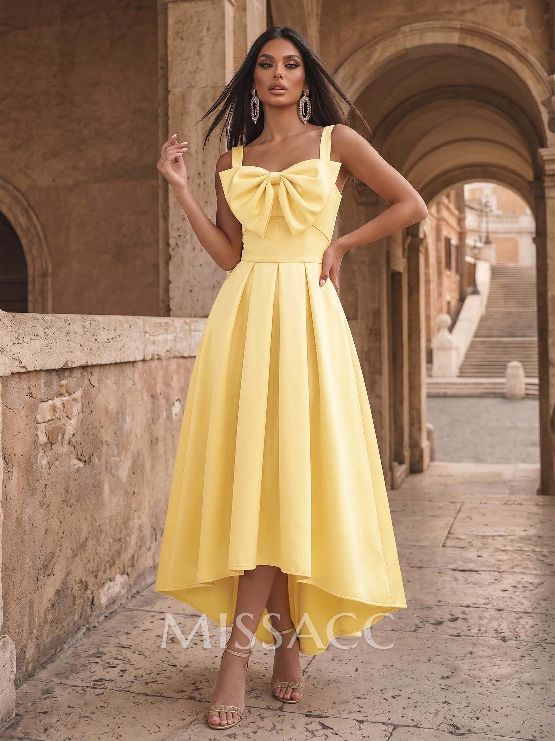 A-Line Square Neck Sleeveless Asymmetric Satin Cocktail Dress With Bow