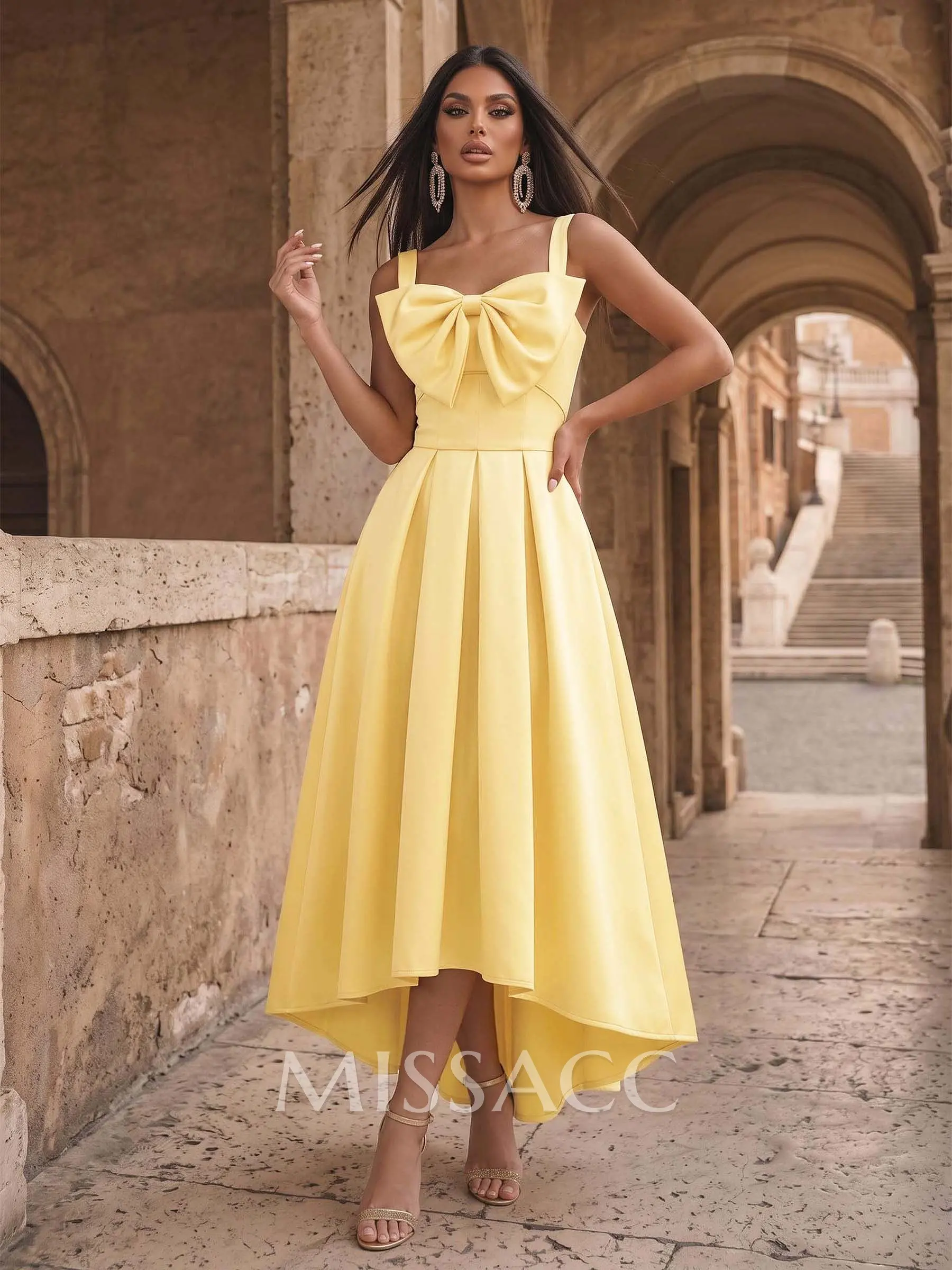 asymmetrical formal dresses australia A-Line Square Neck Sleeveless Satin Cocktail Dress with Bow to you:2