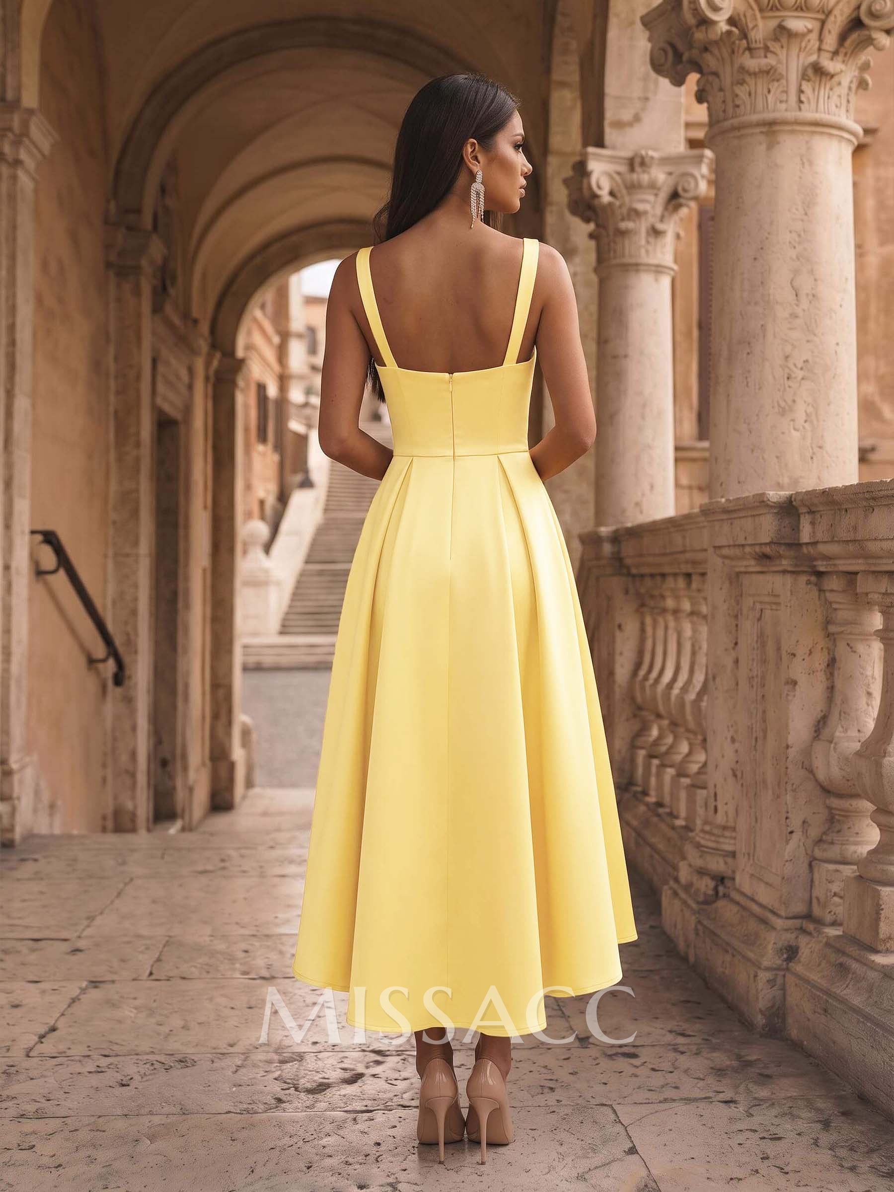 A-Line Square Neck Sleeveless Asymmetric Satin Cocktail Dress With Bow