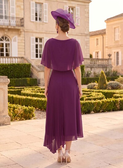 A-Line Cowl Neck Short Sleeves Asymmetrical Chiffon Cocktail Dresses With Pleated