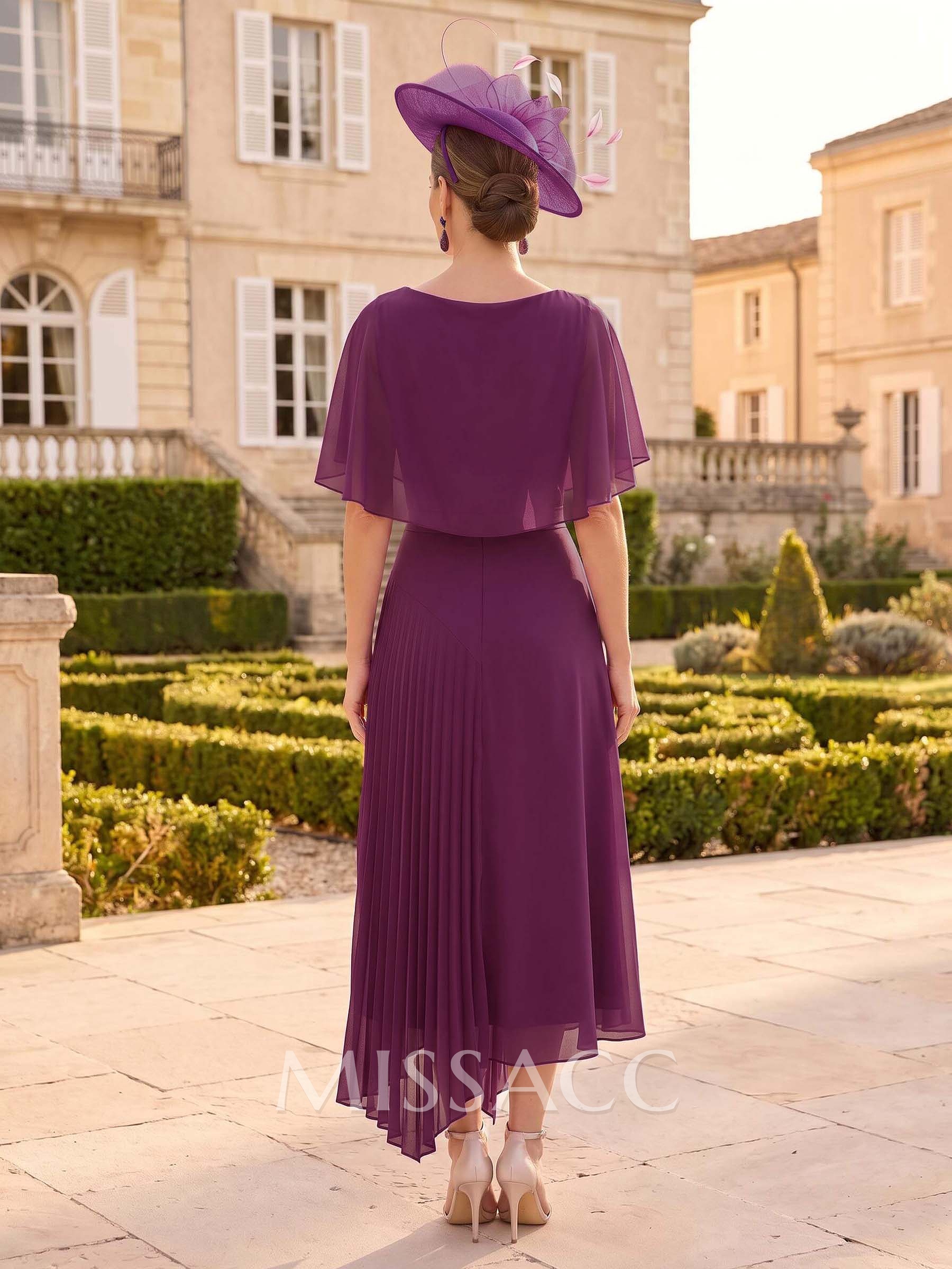 A-Line Cowl Neck Short Sleeves Asymmetrical Chiffon Cocktail Dresses With Pleated