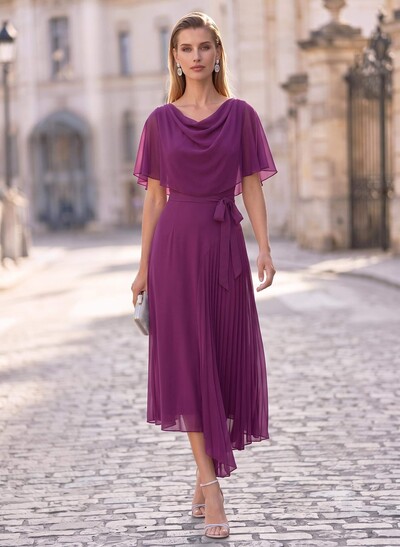 A-Line Cowl Neck Short Sleeves Asymmetrical Chiffon Cocktail Dresses With Pleated