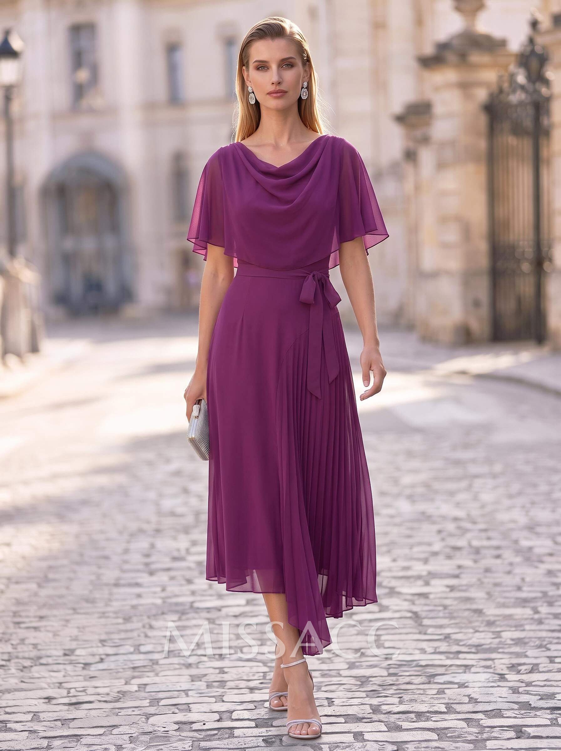 A-Line Cowl Neck Short Sleeves Asymmetrical Chiffon Cocktail Dresses With Pleated