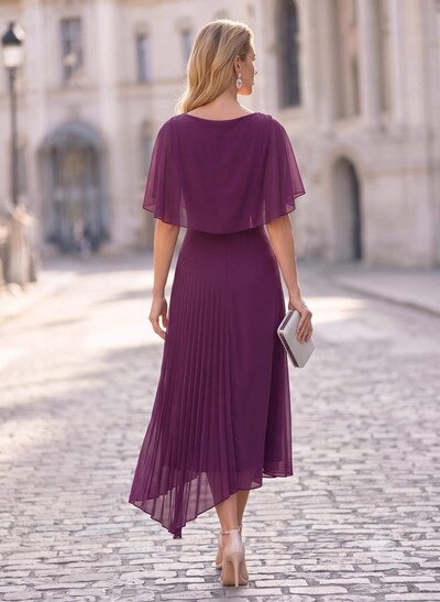 A-Line Cowl Neck Short Sleeves Asymmetrical Chiffon Cocktail Dresses With Pleated