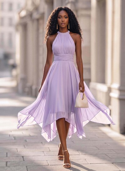 A-Line Halter Sleeveless Asymmetrical Chiffon Cocktail Dresses With Back Hole