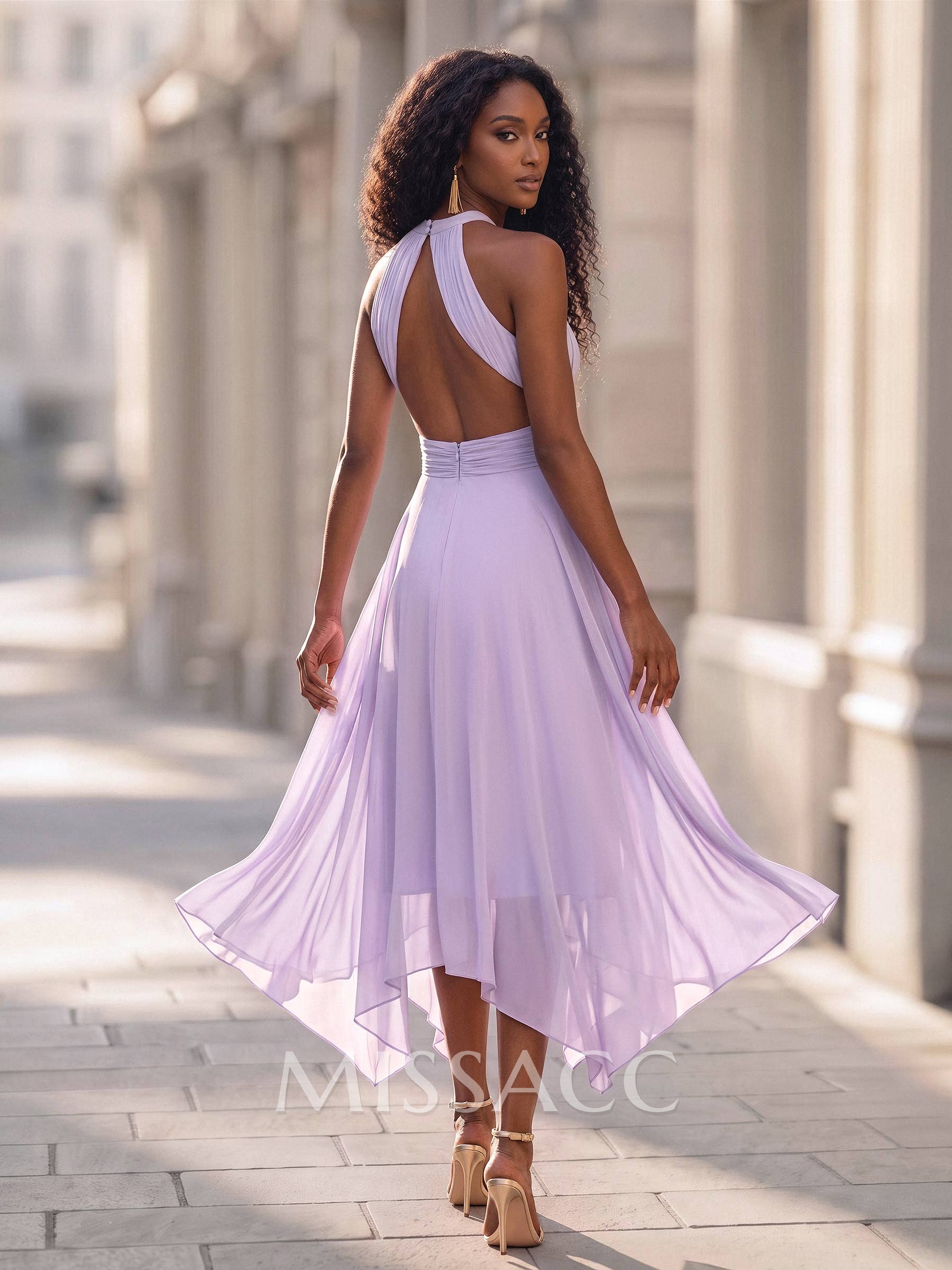 A-Line Halter Sleeveless Asymmetrical Chiffon Cocktail Dresses With Back Hole