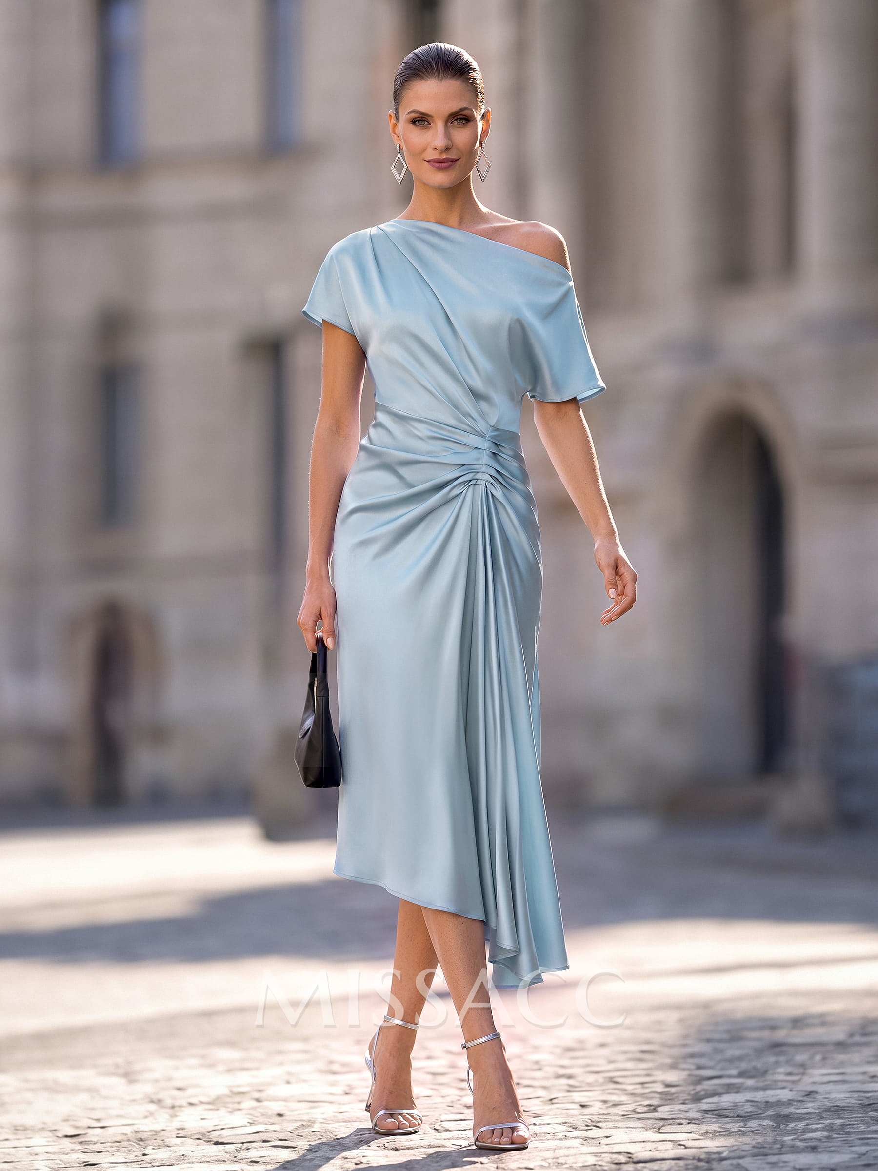 Sheath/Column Asymmetrical Short Sleeves Charmeuse Cocktail Dresses