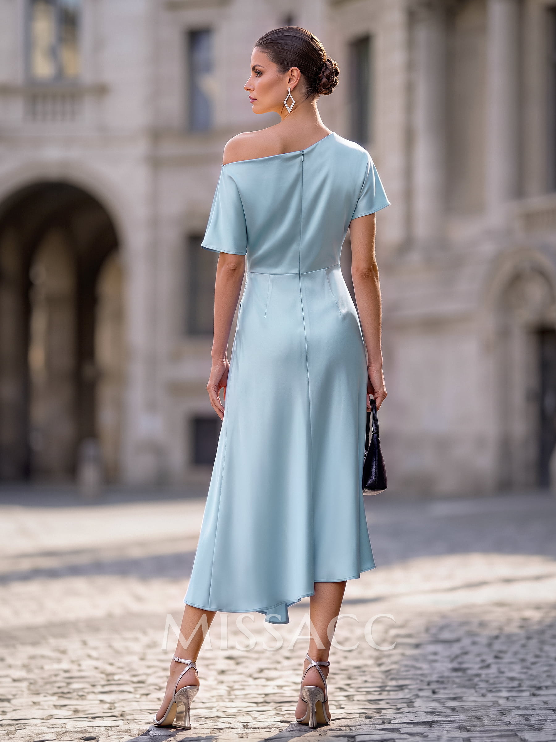 Sheath/Column Asymmetrical Short Sleeves Charmeuse Cocktail Dresses