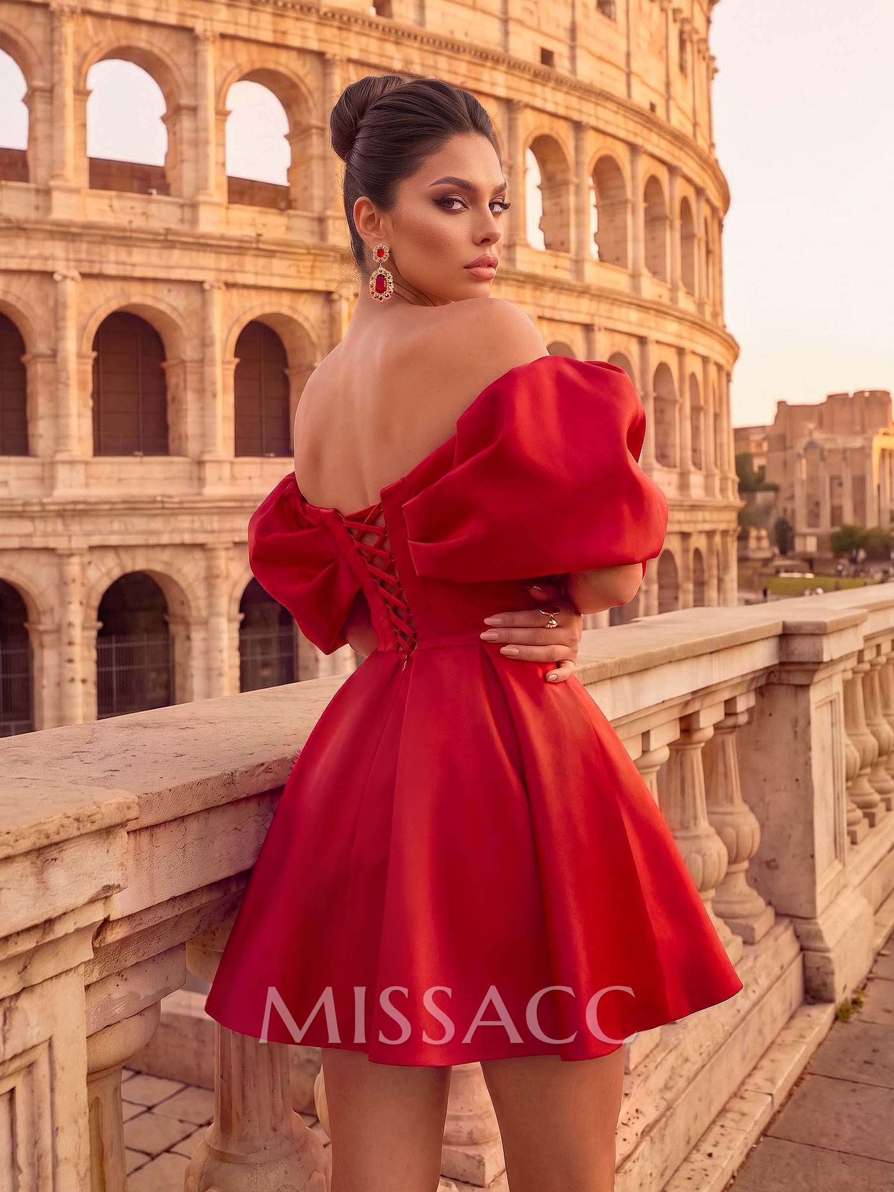 A-Line Off-The-Shoulder Short Sleeves Short/Mini Satin Cocktail Dresses