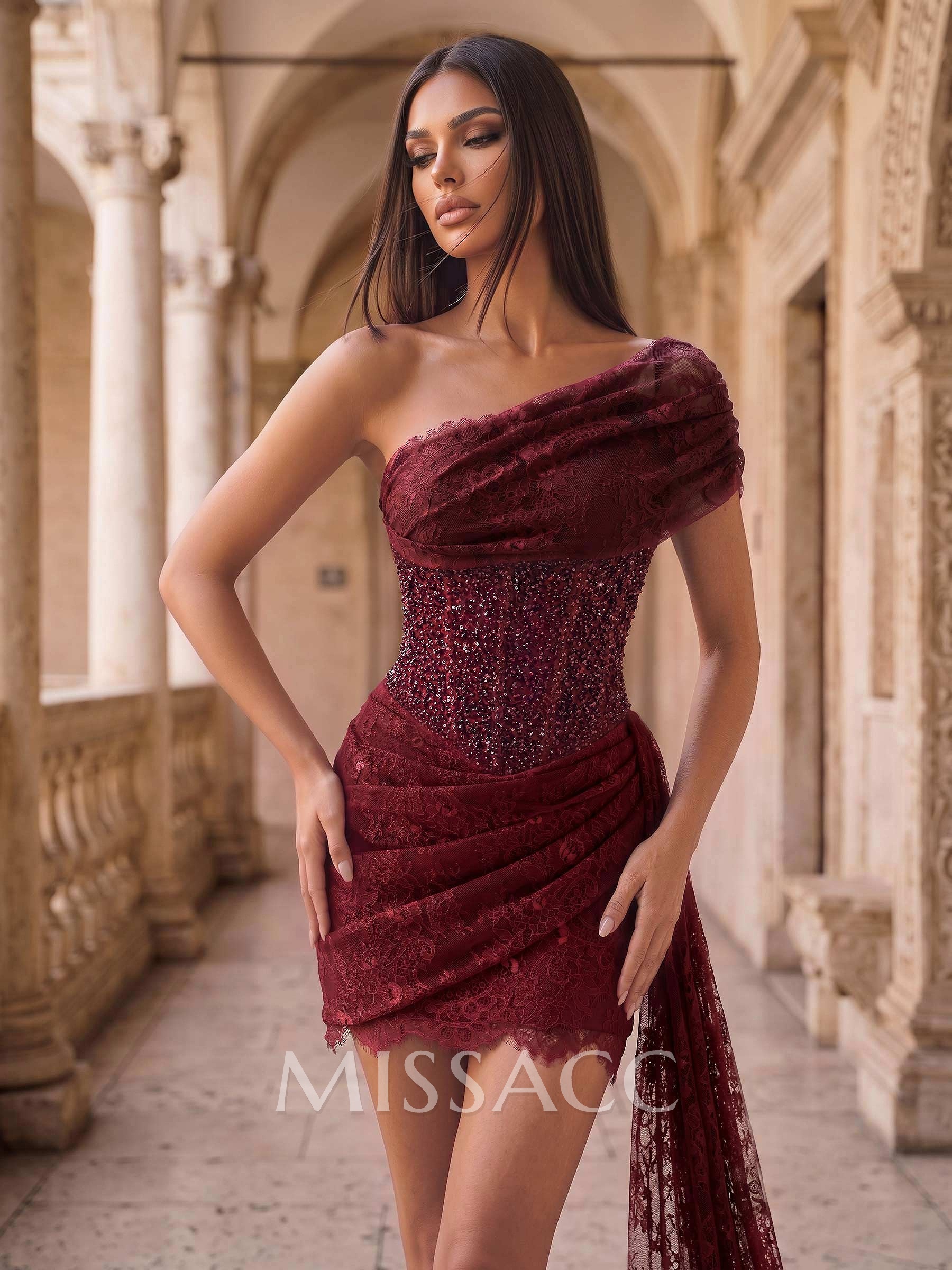 Sheath/Column One-Shoulder Short Sleeves Short/Mini Lace/Elastic Satin Cocktail Dresses
