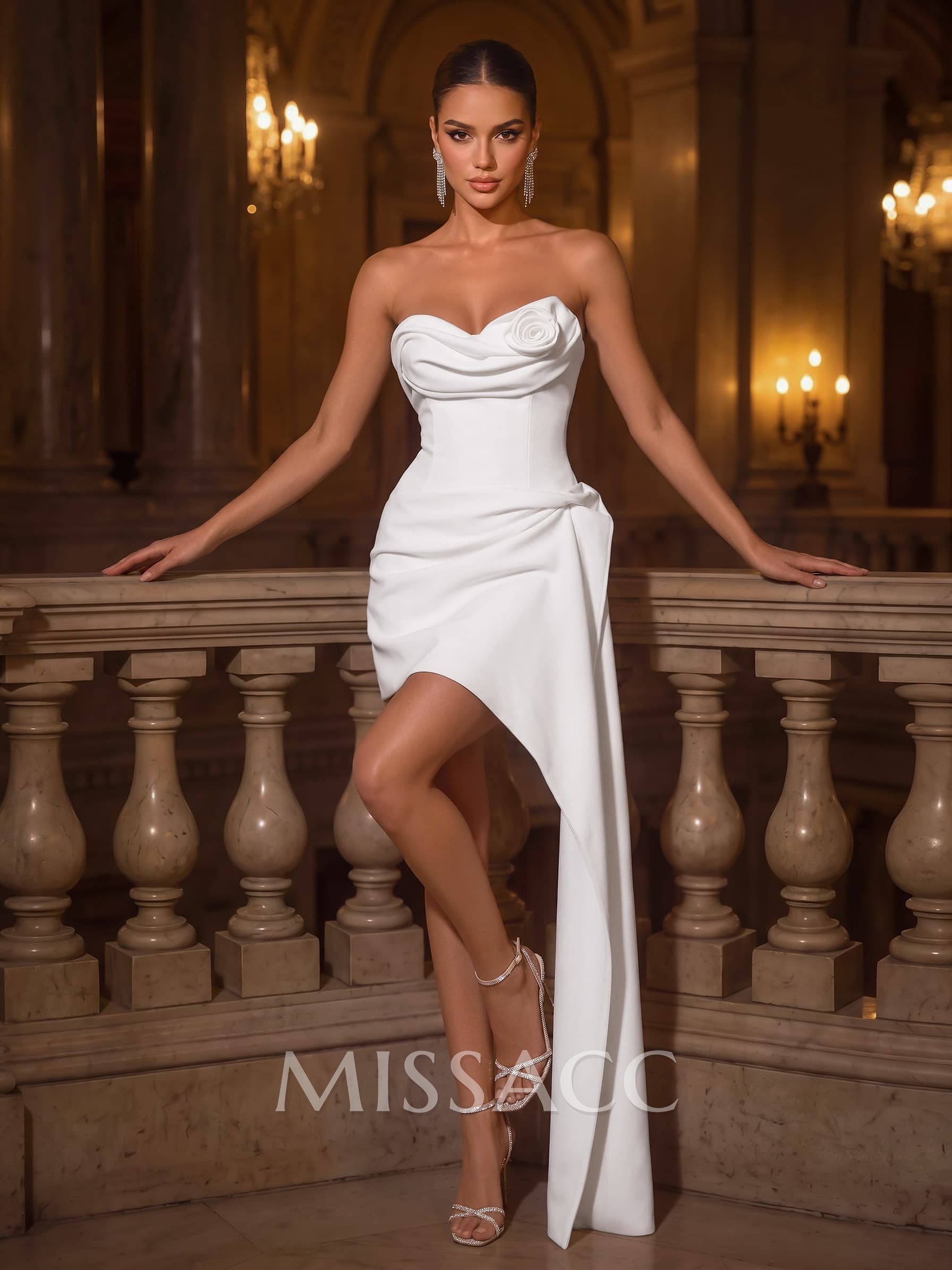 Sheath/Column Sweetheart Sleeveless Asymmetrical Matte Satin Cocktail Dresses With Flower