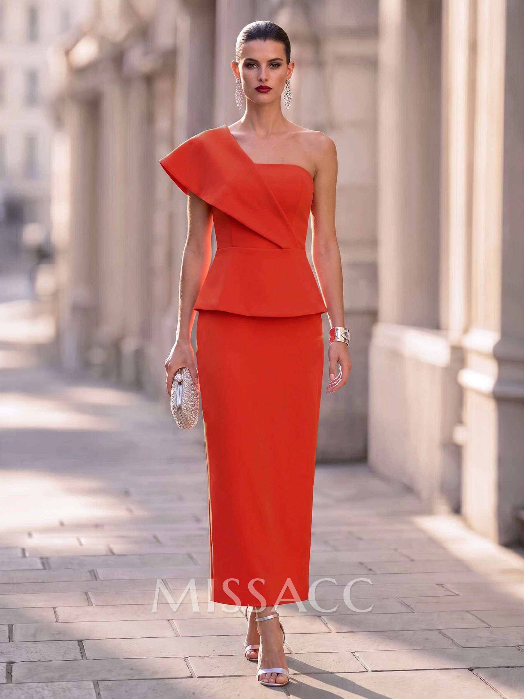 Sheath/Column One-Shoulder Tea-Length Elastic Satin Cocktail Dresses