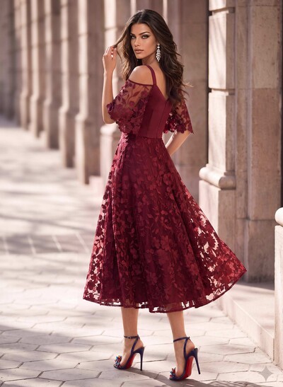 A-Line V-Neck Short Sleeve Tea-Length Lace/Satin Cocktail Dresses
