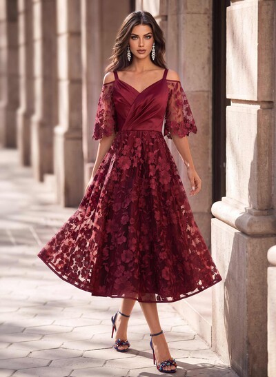 A-Line V-Neck Short Sleeve Tea-Length Lace/Satin Cocktail Dresses