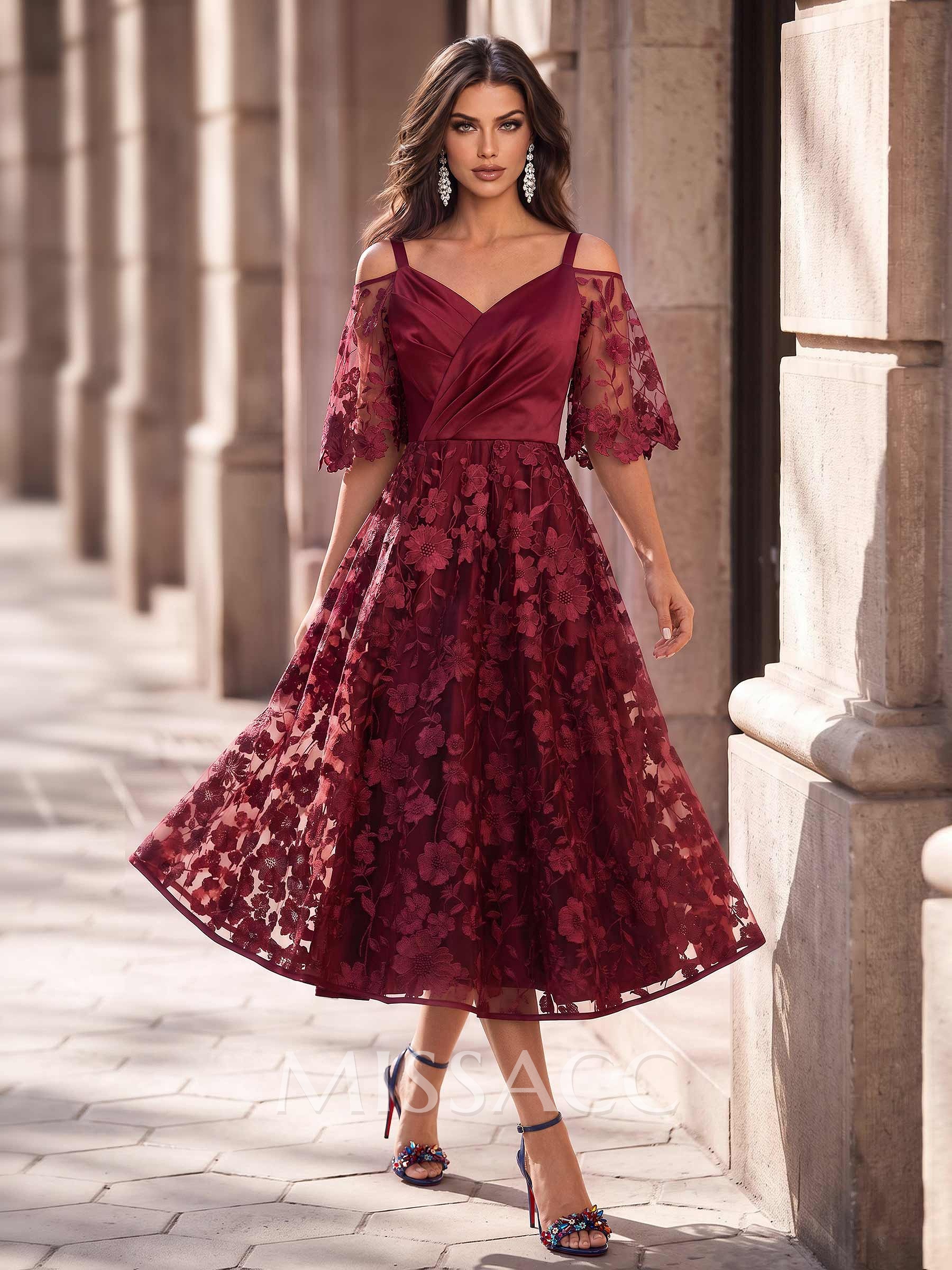 A-Line V-Neck Short Sleeve Tea-Length Lace/Satin Cocktail Dresses