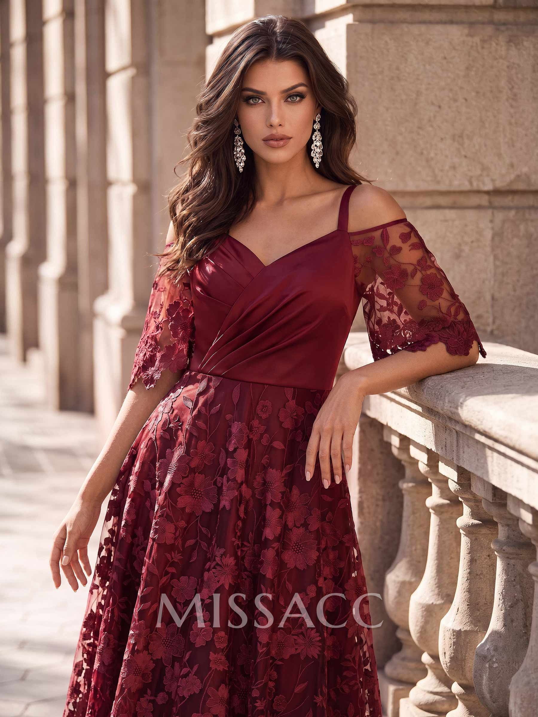 A-Line V-Neck Short Sleeve Tea-Length Lace/Satin Cocktail Dresses