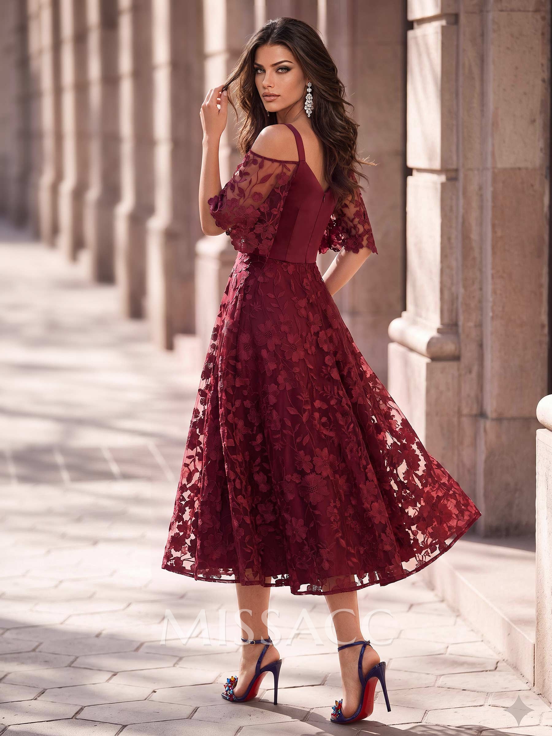 A-Line V-Neck Short Sleeve Tea-Length Lace/Satin Cocktail Dresses
