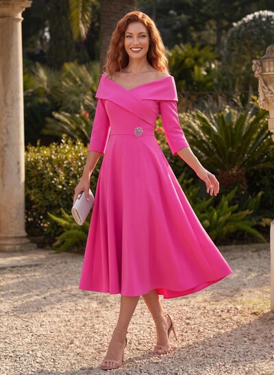 Elegant A-Line V-Neck 3/4 Sleeves Tea-Length Elastic Satin Cocktail Dresses